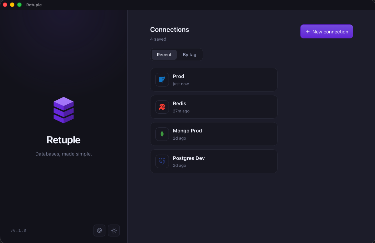 Retuple app screenshot showing the Connections start page